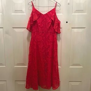 Pink a-line dress, fully lined, cold shoulder midi dress. 43” long. NWT.